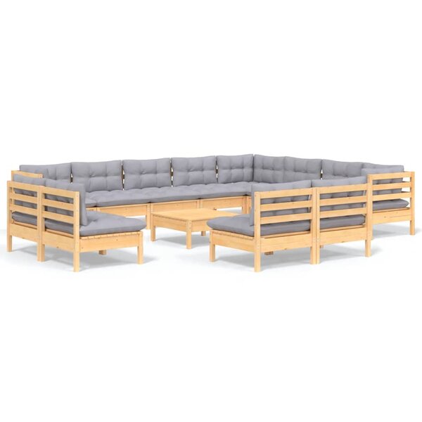 vidaXL Salon de jardin 13 Pièces avec coussins gris Bois de pin solide