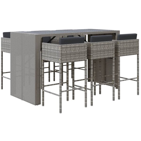 vidaXL Ensemble de bar de jardin 7 Pièces avec coussins gris poly rotin