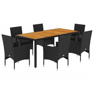vidaXL Ensemble à manger de jardin et coussins 7Pièces noir rotin acacia