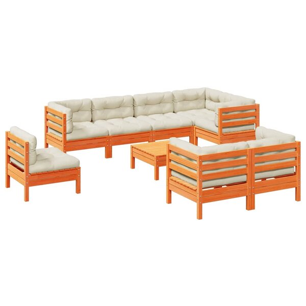 vidaXL Salon de jardin 9 Pièces avec coussins marron cire bois pin massif