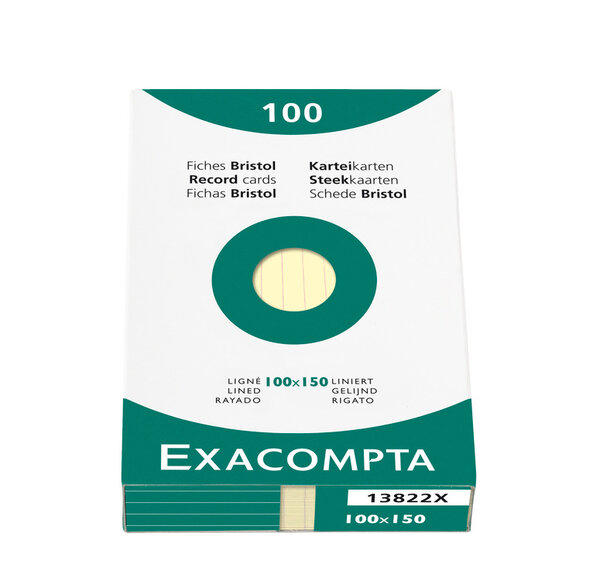 Étui de 100 fiches bristol ligné non perforé 100x150mm Jaune EXACOMPTA