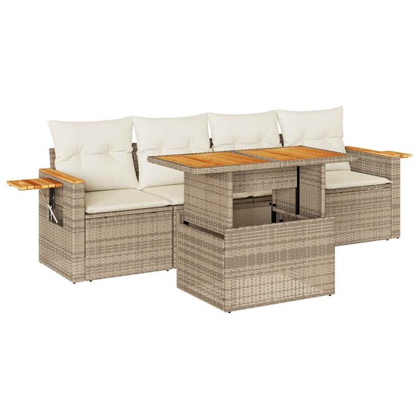 vidaXL Salon de jardin avec coussins 5 Pièces beige résine tressée acacia