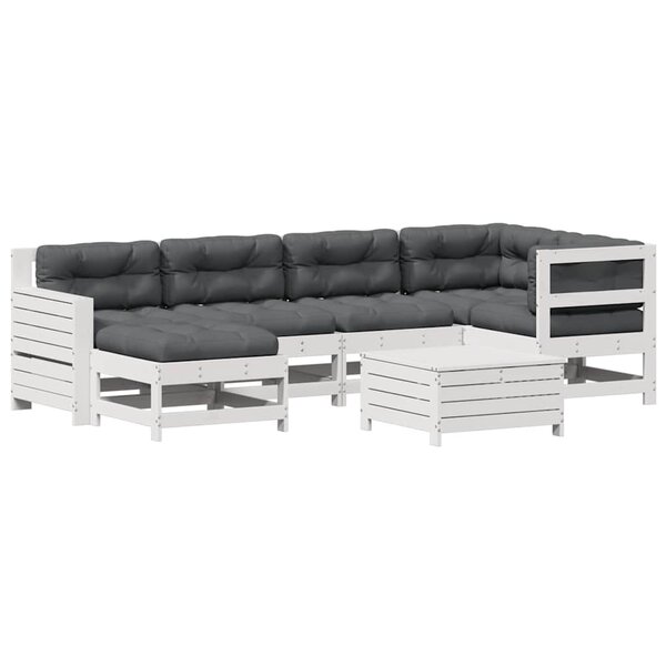 vidaXL Salon de jardin 7 Pièces avec coussins blanc bois de pin massif