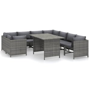 vidaXL Salon de jardin 9 Pièces avec coussins Résine tressée Gris