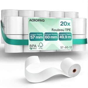 ACROPAQ 20 Rouleaux de Caisse 57x60x12mm- Thermique 49 9 m-Terminaux de paiement- 20 Bobines TPE- Sans BPA- Dimension Universelle