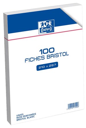 Sachet de 100 fiches bristol non perforées 21x29,7 cm uni blanc OXFORD