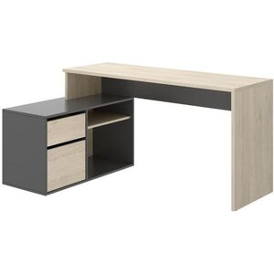 Bureau d'angle reversible 1 tiroir + 1 porte - chêne et gris - 139 x 92 x 75 cm