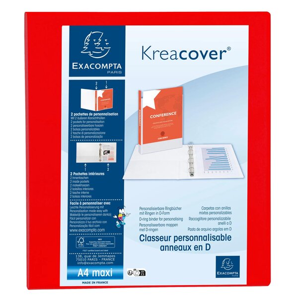 Classeur Pp Personnalisable Kreacover - 4 Anneaux En D 40mm - A4 Maxi - Rouge - X 10 - Exacompta