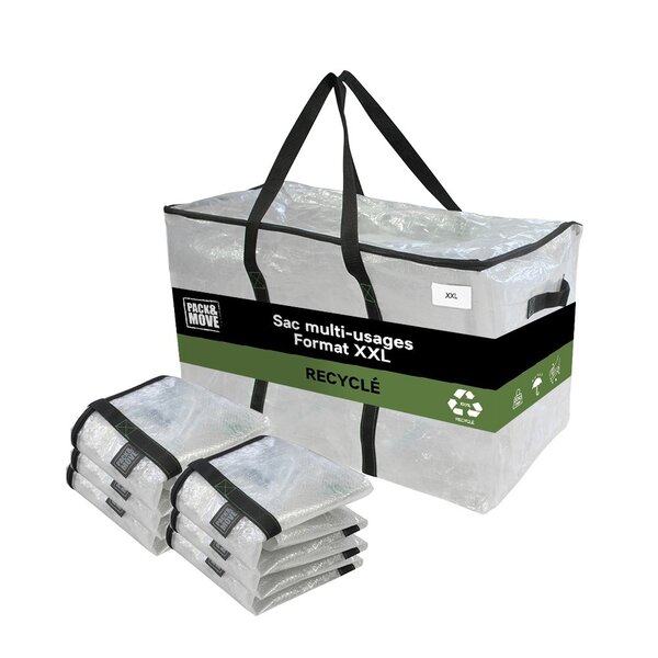 Pack and Move - Lot 6 Grands Sacs Déménagement Transparent Recyclé - Rangement Et Transport Ultra Résistant - Réutilisable - Poignées Solides - 100L