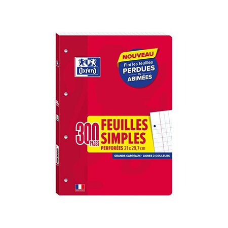 Blocs 300 Pages (150) Feuillets Mobiles Détachables Perforées 90g A4 Grands Carreaux OXFORD