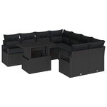 vidaXL Set de canapé de jardin 9 pièces avec coussins en poly rotin noir.