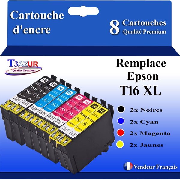 T3AZUR- 8x Cartouches Compatibles avec Epson 16XL 16 XL remplace Epson Workforce WF-2630WF WF-2650DWF WF-2660DWF WF-2750DWF WF-2760DWF