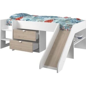 Lit toboggan enfant - Décor Blanc et chêne Jackson - Sommier inclus - 90 x 200 cm