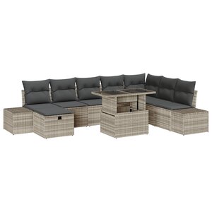 vidaXL Ensemble de Canapé de Jardin 9 Pièces avec Coussins Gris Clair en Rattan Poly