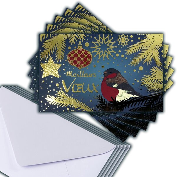 Lot 5 cartes meilleurs vœux doré brillant + 5 enveloppes blanches format 14x9cm