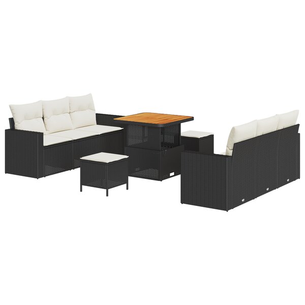 vidaXL Canapés de jardin 9 pièces avec des coussins en poly rotin noir et en acacia.