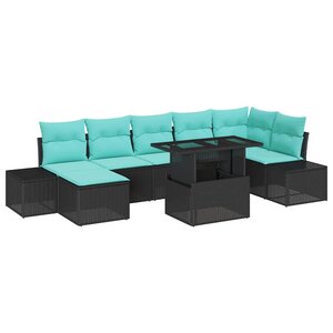 vidaXL Ensemble de canapé de jardin avec coussin 8 Pièces Noir et bleu