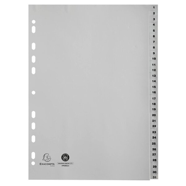 Intercalaires Imprimés Numériques Pp Recyclé Gris - 31 Positions - A4 - Gris - Exacompta