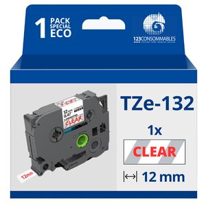 Ruban compatible Brother TZe132 - Texte rouge sur fond transparent - Largeur 12 mm x 8 mètres