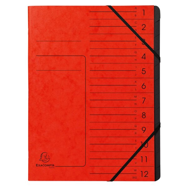Trieur Agrafé Avec Élastiques Intérieur Noir 12 Compartiments - A4 - Rouge - X 10 - Exacompta