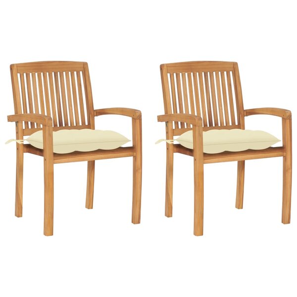 vidaXL Chaises de jardin lot de 2 et coussins blanc crème Bois de teck