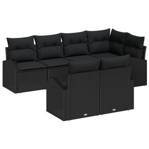 Set de canapé de jardin 7 pièces avec coussins noir poly rotin