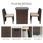 Ensemble salon de jardin encastrable 3 pièces plateau table verre trempé + lot de 2 chaises coussins résine tressée chocolat