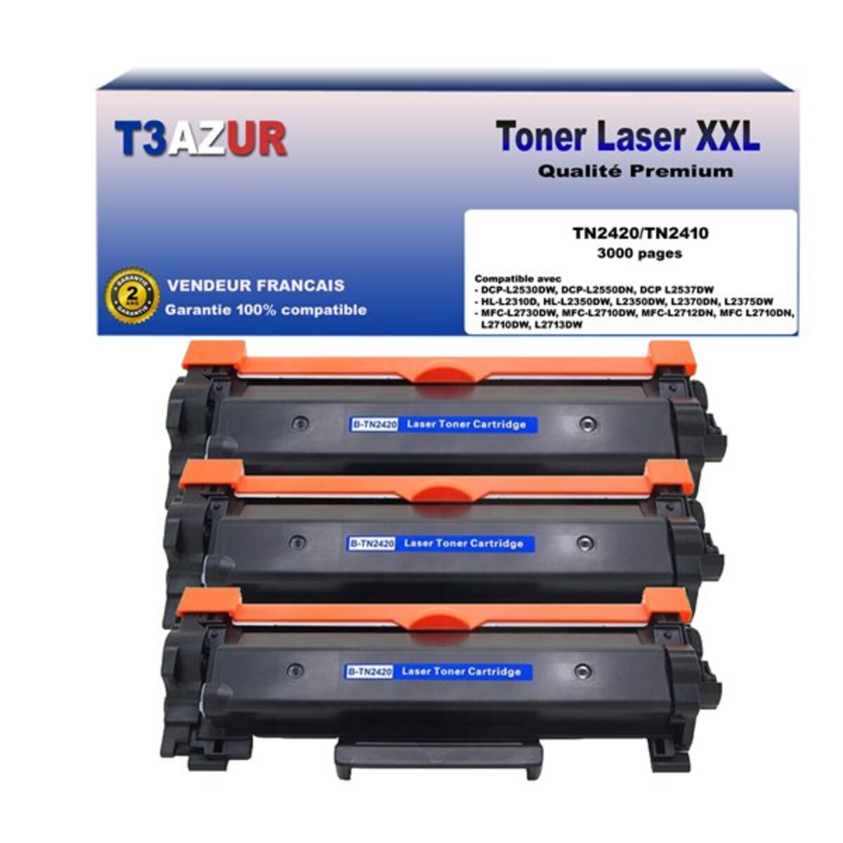 3 Toners compatibles avec Brother TN2420 pour Brother HL-L2372DN L2375DW  L2357DW L2370DN L2310D L2350DW L2395DW - 3 000 pages - T3AZUR - La Poste