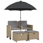 vidaXL Canapé de jardin 2 places avec parasol et tabourets beige rotin