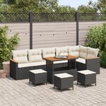 Set de 10 pièces de canapés de jardin avec coussins noir poly rattan acacia