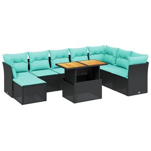 vidaXL Salon de jardin 9 Pièces avec coussins noir résine tressée