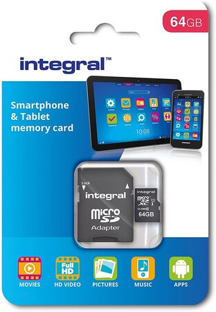 Carte mémoire Micro SD Integral UltimaPro A1 Spécial Tablettes/Smartphones 64 Go + adaptateur SD