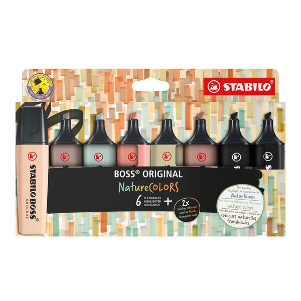 Etui de 8 surligneurs BOSS ORIGINAL NatureCOLORS dont 2 Noirs STABILO