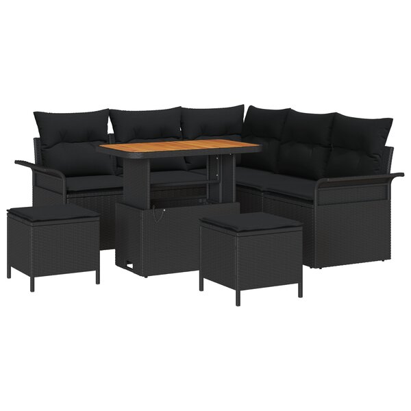vidaXL Canapé de jardin 8 pièces avec coussins en rotin poly noir et bois d'acacia.