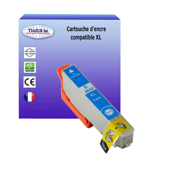 Cartouche Compatible avec Epson XP-510, XP-520, XP-600, XP-605, XP-610, XP-615 remplace  Epson T2632 Cyan - T3AZUR