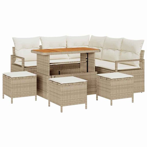 Ensemble de canapé de jardin 9 pièces avec coussins Beige Poly Ratta Acacia