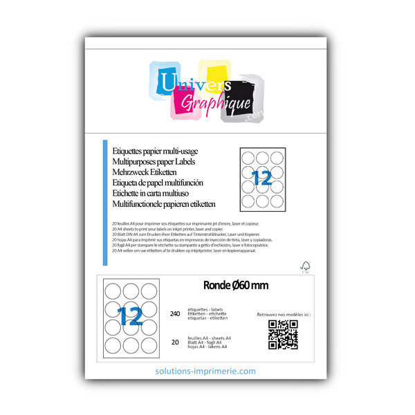 Lot de 20 planches a4 de 12 étiquettes à bords vifs rondeø60 mm en papier blanc 70g/m² multifonction