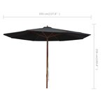 vidaXL Parasol d'extérieur avec mât en bois 350 cm Noir