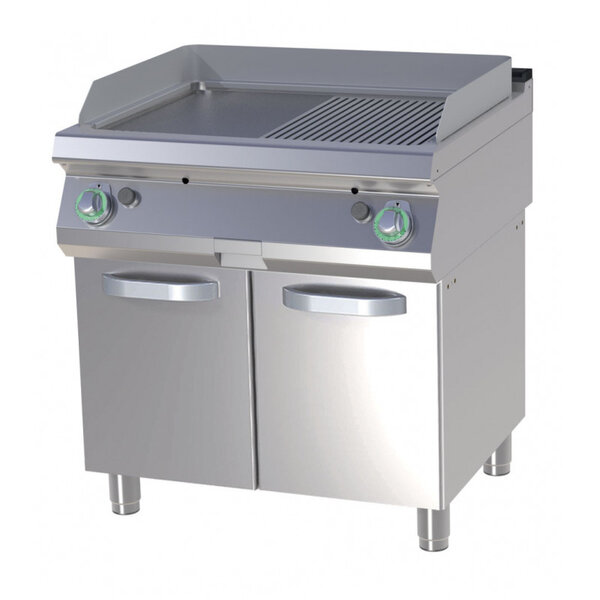 Plancha gaz double sur meuble ouvert plaque 1/2 lisse 1/2 rainurée - 14 kw -  - chromé 800x730x900mm