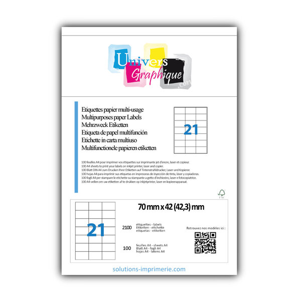 Lot de 100 planches a4 de 21 étiquettes à bords vifs 70 x 42 3 mm en papier blanc 70g/m² multifonction