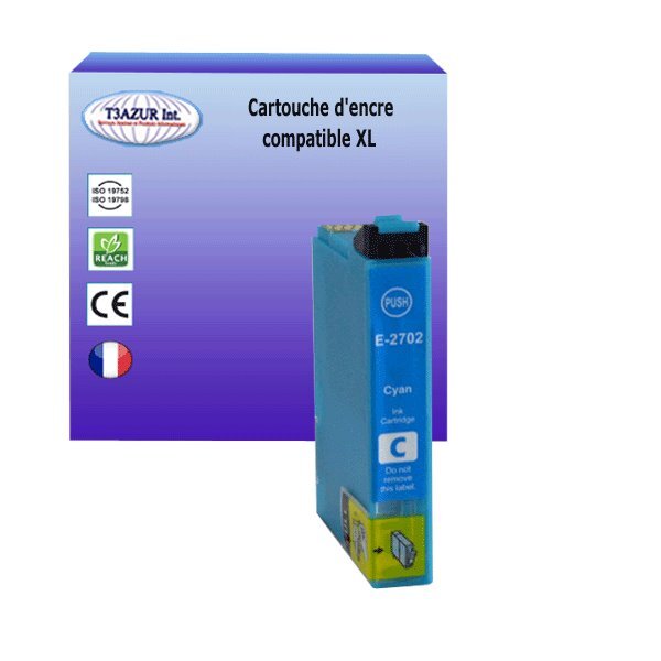 Cartouche Compatible pour Epson WF3620DWF, WF3640DTWF, WF7110DTW, WF7210DTW remplace Epson T2712 / T2702 (27XL) Cyan - T3AZUR
