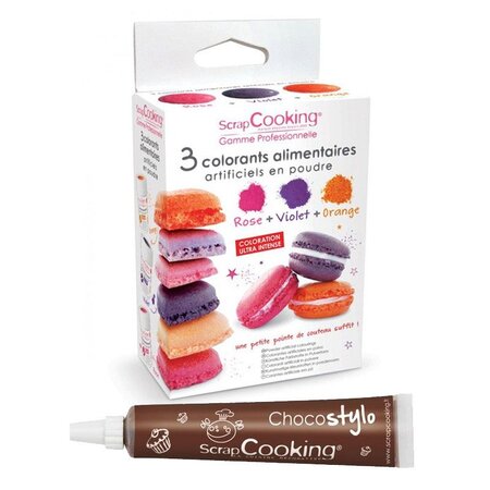 3 colorants alimentaires orange  violet  rose + 1 Stylo chocolat