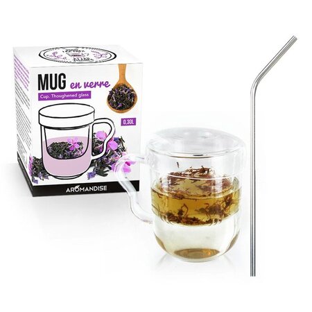 Mug à thé avec poignée  infuseur et couvercle verre + 4 pailles en inox