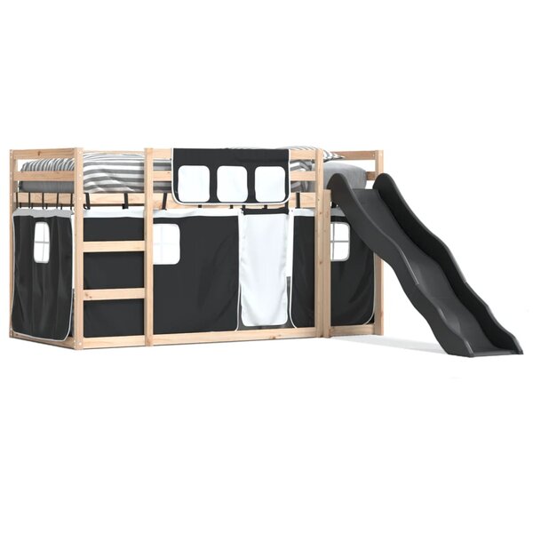 vidaXL Lit superposé avec toboggan et rideaux blanc et noir 90x200 cm