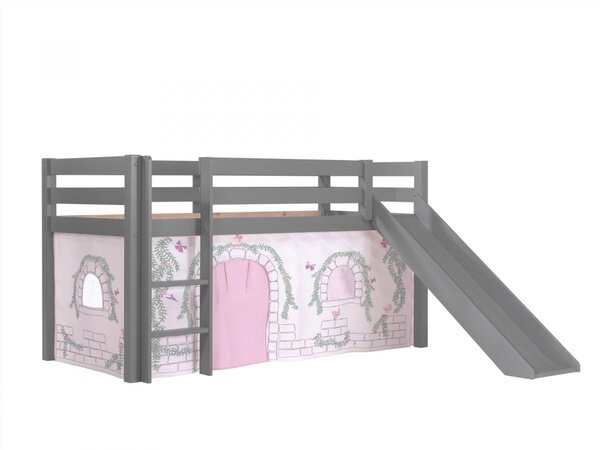 Lit Enfant Surélevé Avec Toboggan Pino 90x200cm Gris + Rideau de lit Birdy
