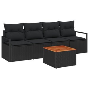 Ensemble de canapé de jardin 5 pièces noir en poly rattan et acacia avec coussins