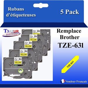 5x Rubans d'étiqueteuses compatibles avec Brother Tze631  Tze-631 pour étiqueteuses P-touch - Texte noir sur fond jaune