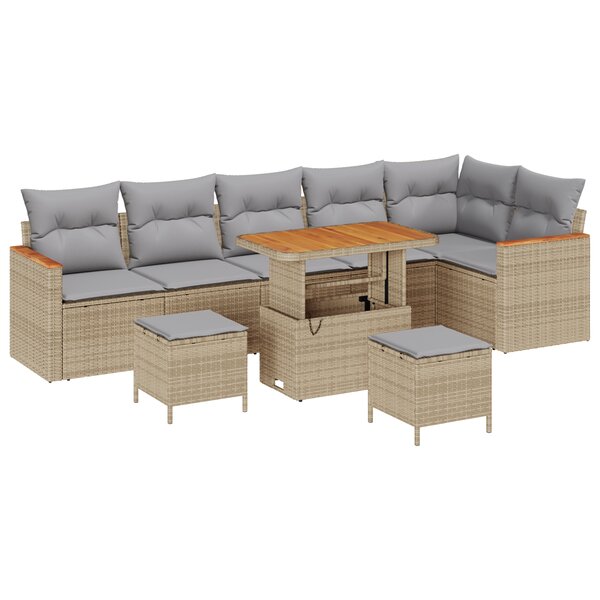 Ensemble de canapés de jardin 9 pièces avec coussins en résine poly beige acacia