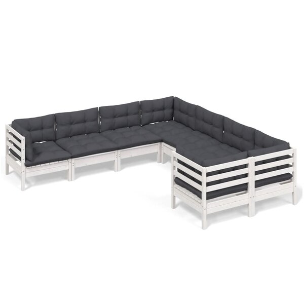 vidaXL Salon de jardin 8 Pièces avec coussins blanc bois de pin massif