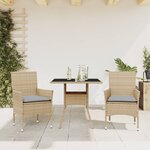 vidaXL Ensemble à manger de jardin et coussins 3 Pièces beige rotin verre